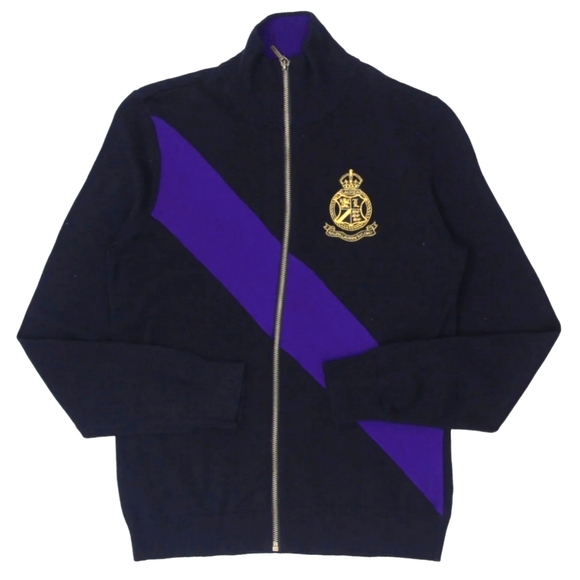 Lauren Ralph Full Zip Sweater Logo Crest Rugby Striped Womens X Large Black - Picture 1 of 6